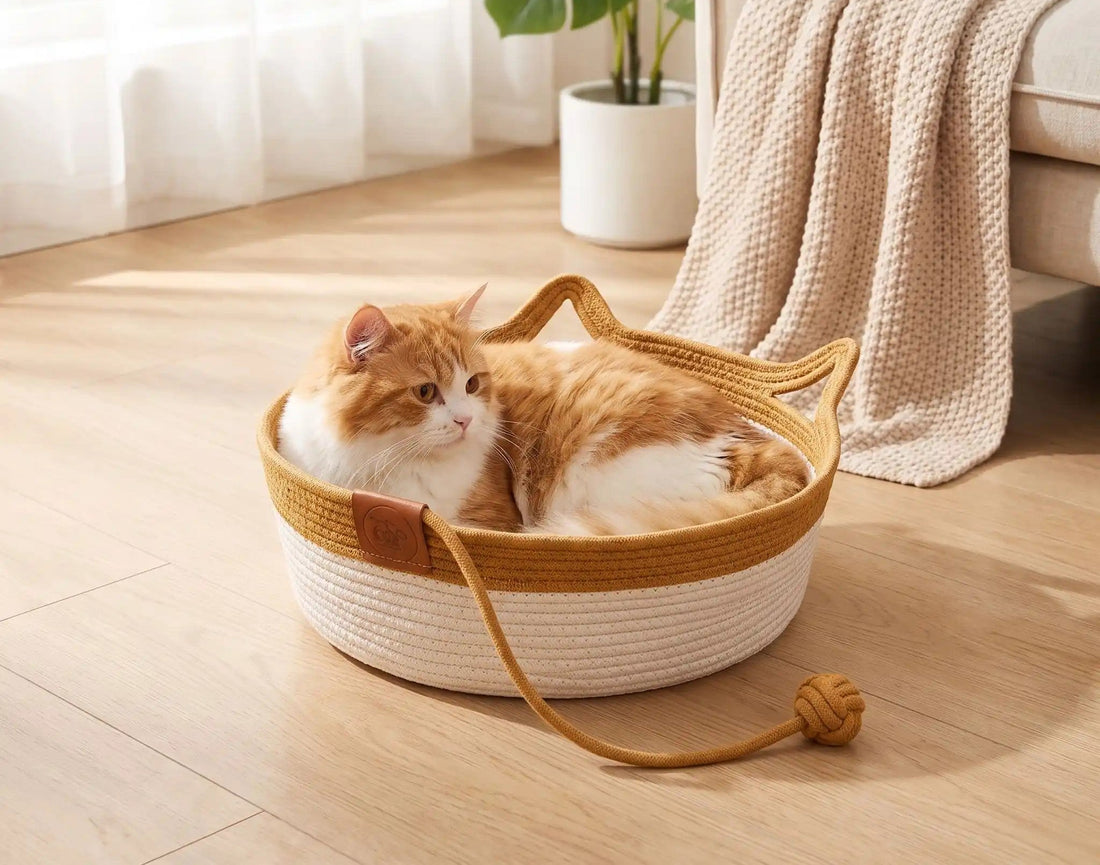 Chat roux confortablement couché dans un panier tressé