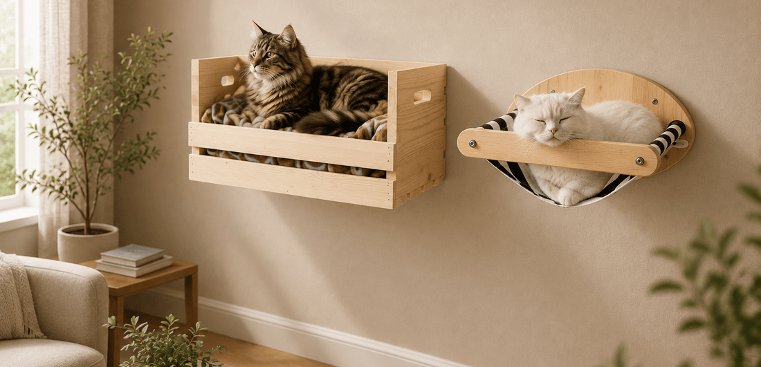 Panier mural pour chat et hamac mural pour chat sur mur beige clair dans un décor scandinave