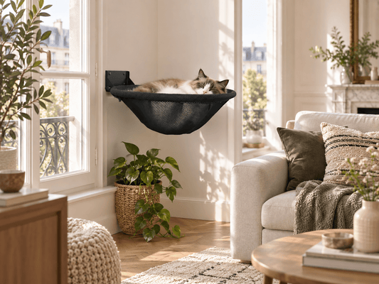 Chat allongé dans une corbeille noire fixée au mur près d’une fenêtre dans un séjour lumineux