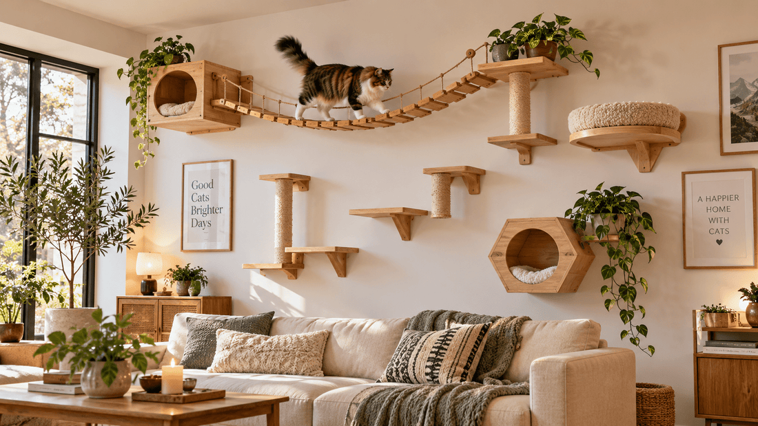Chat traversant un pont en bois dans un parcours mural complet avec plateformes et niche