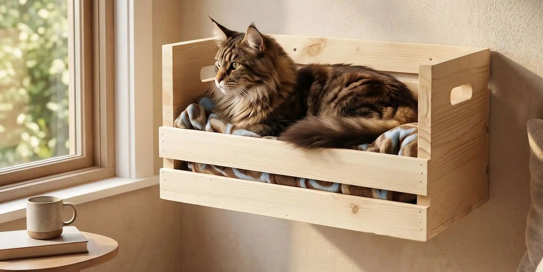 Chat détendu dans un panier mural chat en bois installé dans un salon beige chic au style cocooning et minimaliste.