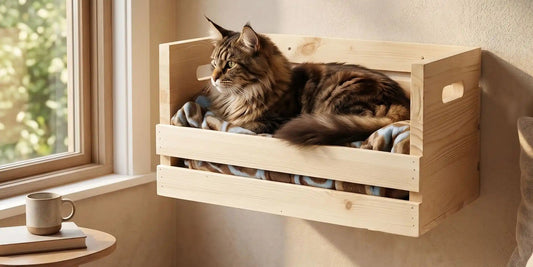 Chat détendu dans un panier mural chat en bois installé dans un salon beige chic au style cocooning et minimaliste.