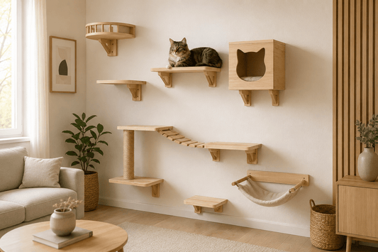 Arbre à chat mural bois avec plateformes en bois naturel et chat dans un salon beige moderne