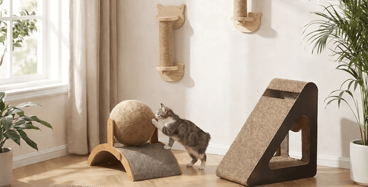 griffoir mural pour chat en bois dans un salon lumineux
