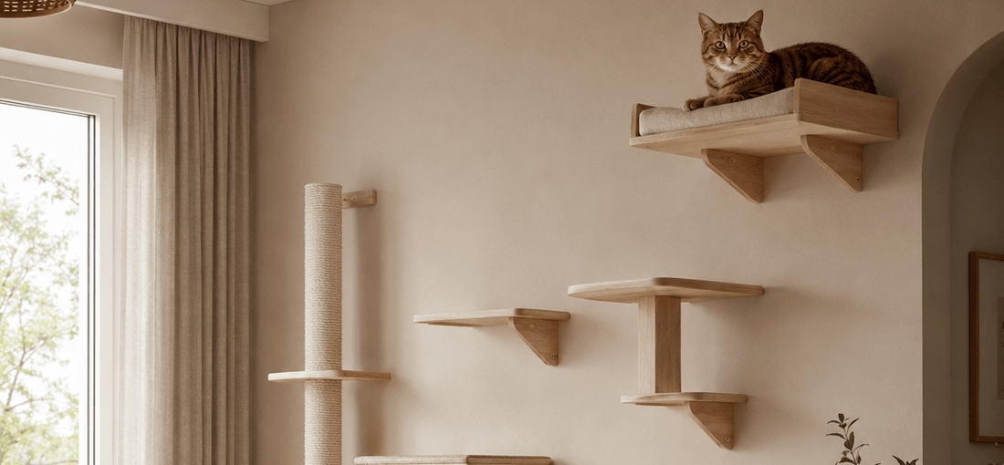 Arbre à chat mural en bois clair avec plusieurs plateformes et un chat installé en hauteur dans un salon beige moderne