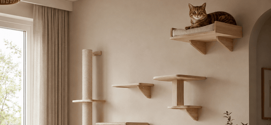 Arbre à chat mural en bois clair avec plusieurs plateformes et un chat installé en hauteur dans un salon beige moderne