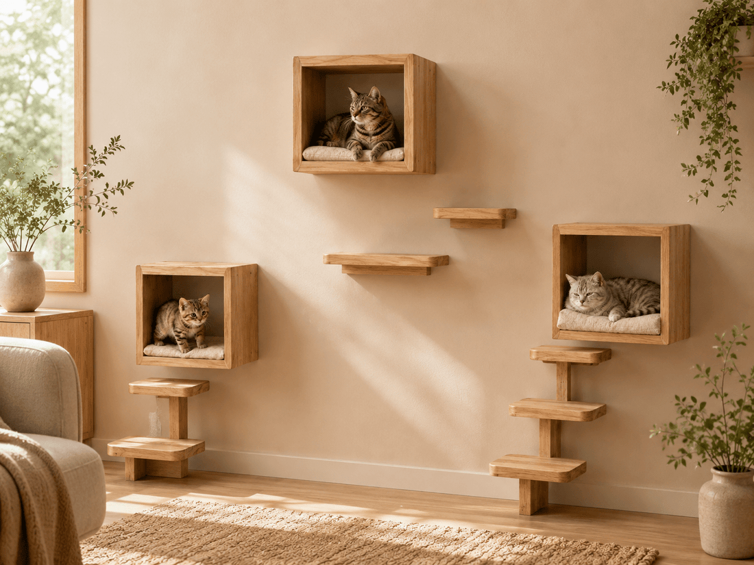 Niche murale chat adaptée à un chaton, un chat adulte et un chat senior dans un salon beige