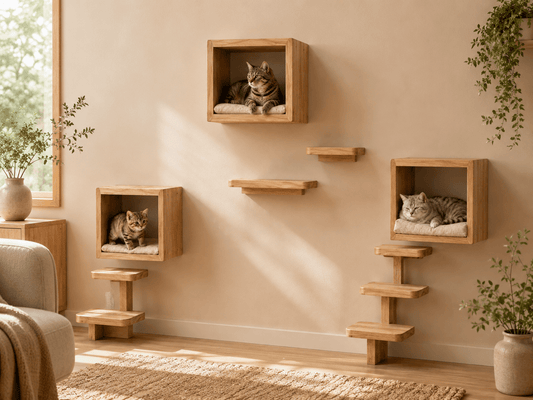 Niche murale chat adaptée à un chaton, un chat adulte et un chat senior dans un salon beige
