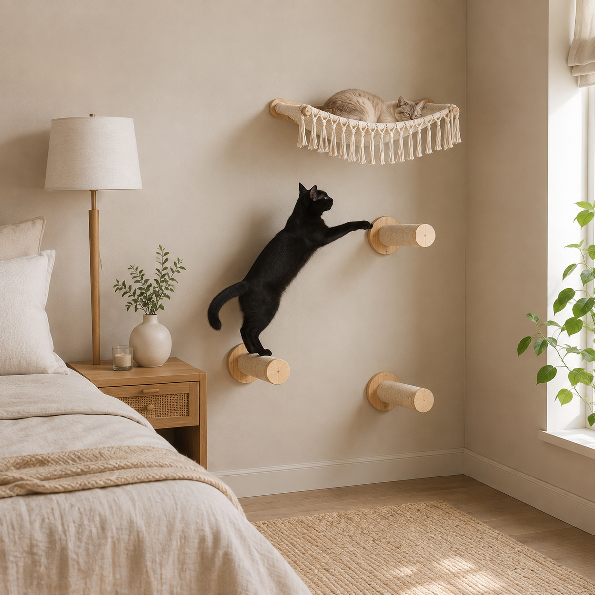 Aménagement mural pour chats avec couchage suspendu et marches