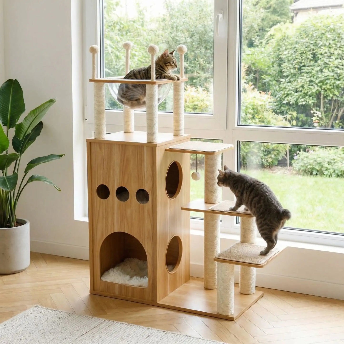 arbre a chat bois près fenêtre escalier chat