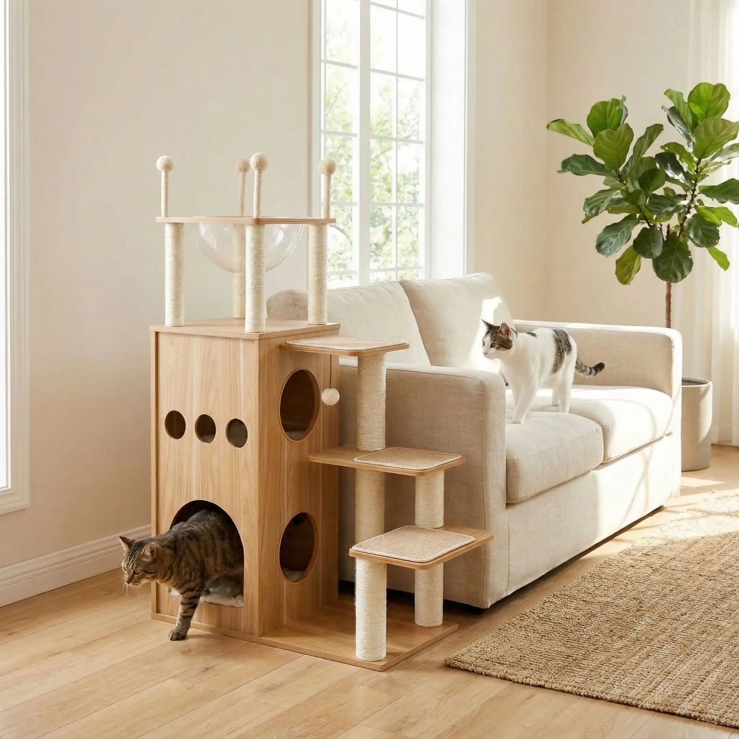 arbre a chat bois salon beige canapé prémium