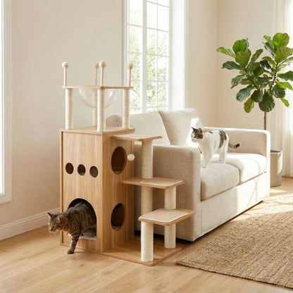 arbre a chat bois salon beige canapé prémium