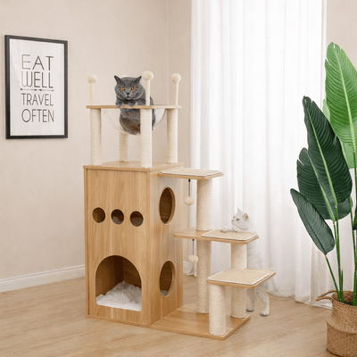 arbre a chat bois lifestyle deux chats salon beige