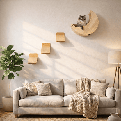 arbre à chat bois hamac lune chat gris salon beige