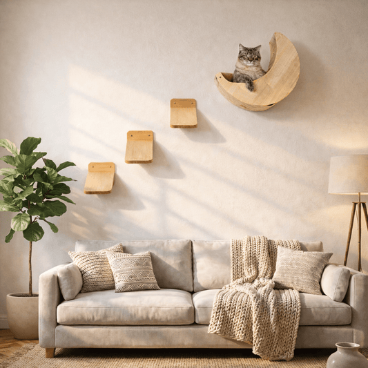 arbre à chat bois hamac lune chat gris salon beige