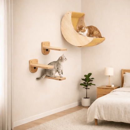 arbre à chat bois design hamac une perchoirs chambre beige