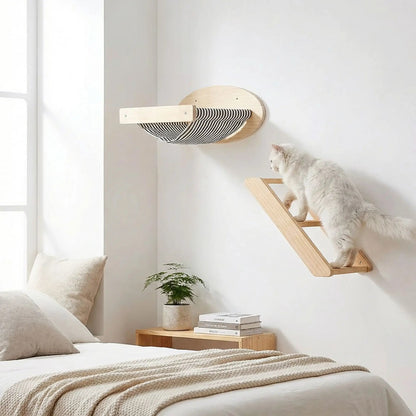 installation hamac chat mural échelle bois naturel chambre beige