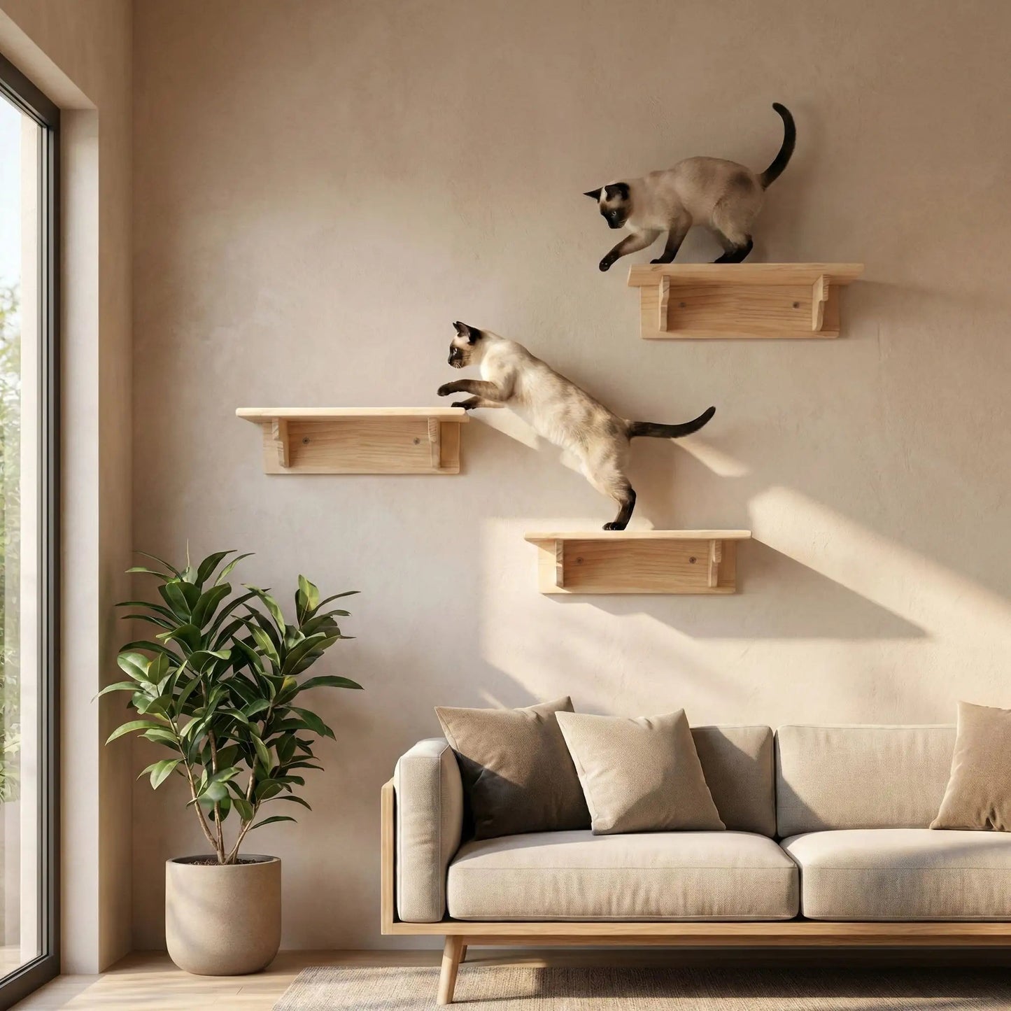 installation murale arbre à chat en bois naturel