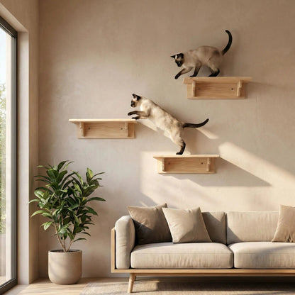 installation murale arbre à chat en bois naturel