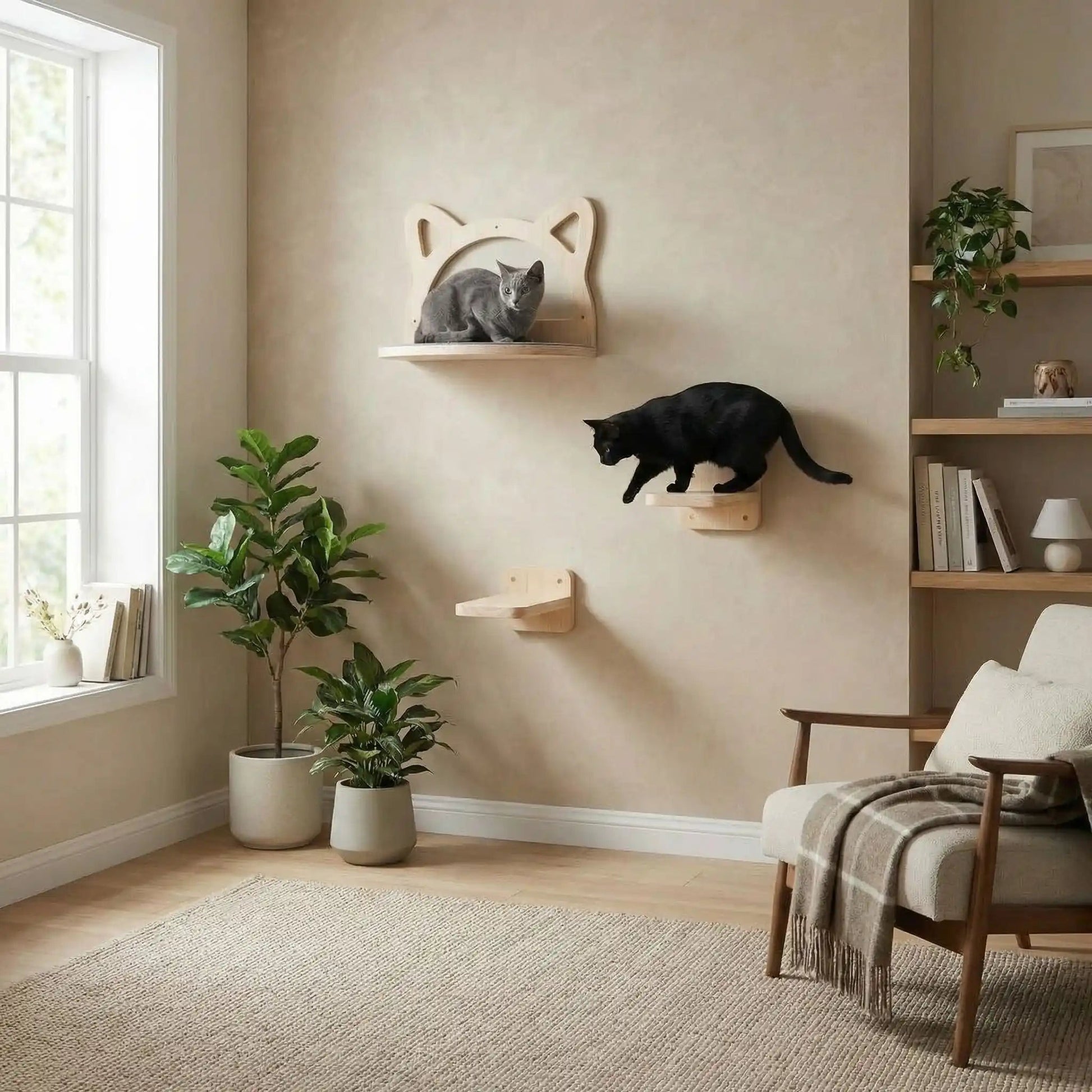 arbre à chat bois naturel mural avec perchoirs en bois massif