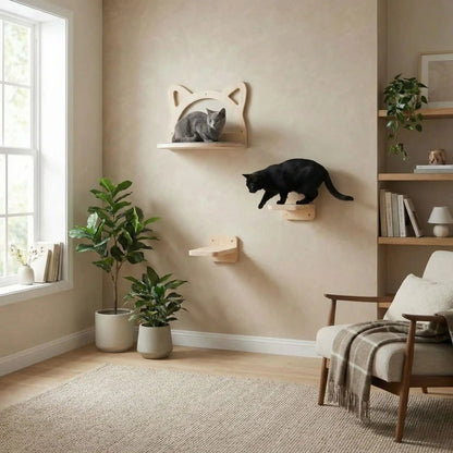 arbre à chat bois naturel mural avec perchoirs en bois massif