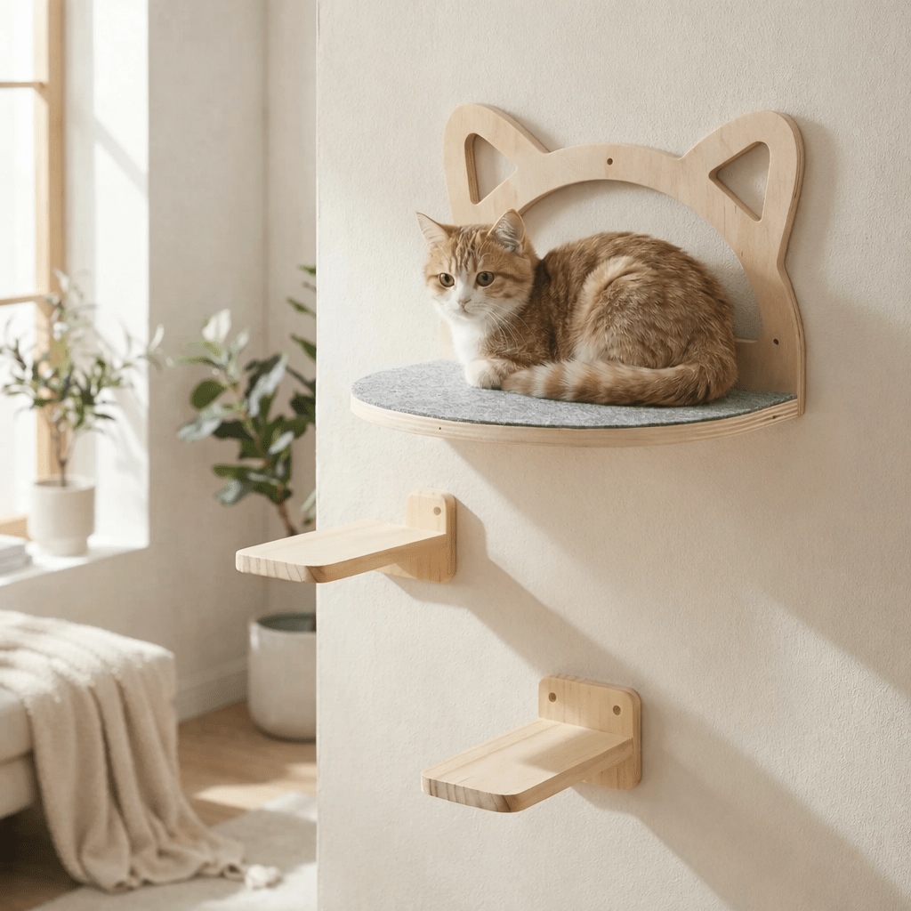 arbre à chat bois naturel mural perchoir tête de chat design