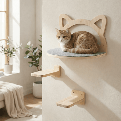 arbre à chat bois naturel mural perchoir tête de chat design
