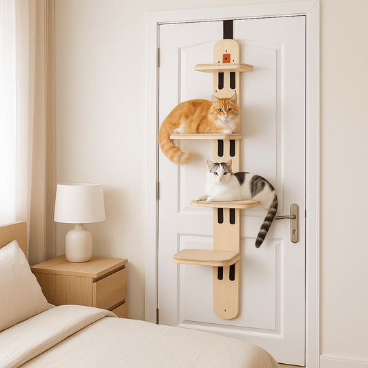 deux gros chats couchés sur perchoirs de l'arbre à chat design larbre à ronrons