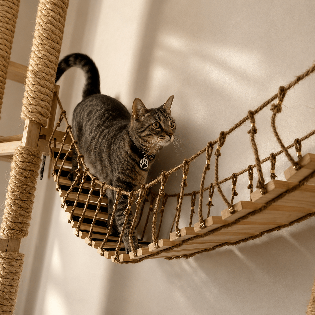 chat utilisant un pont suspendu mural en bois naturel