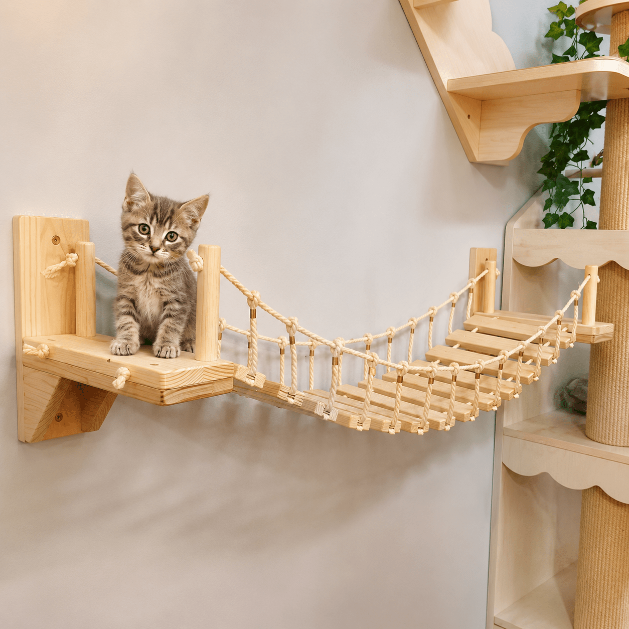 chaton sur un pont mural pour chat en bois naturel