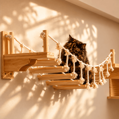 chat sur un pont mural suspendu en bois naturel dans une ambiance beige chaleureuse
