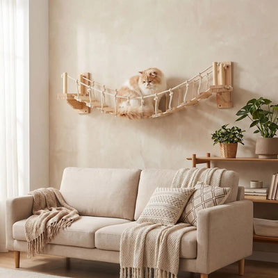 arbre à chat design mural en bois naturel dans un salon beige chic avec chat
