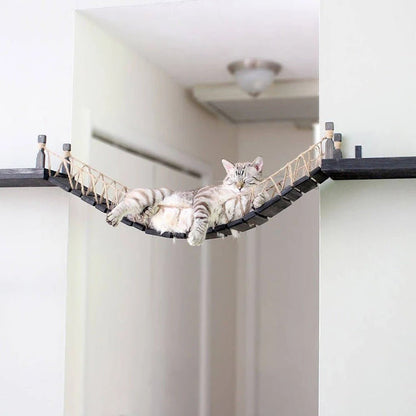 arbre à chat design installé entre deux murs minou endormi dedans