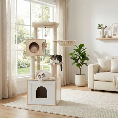 arbre à chat en bois lifestyle salon 3 chats