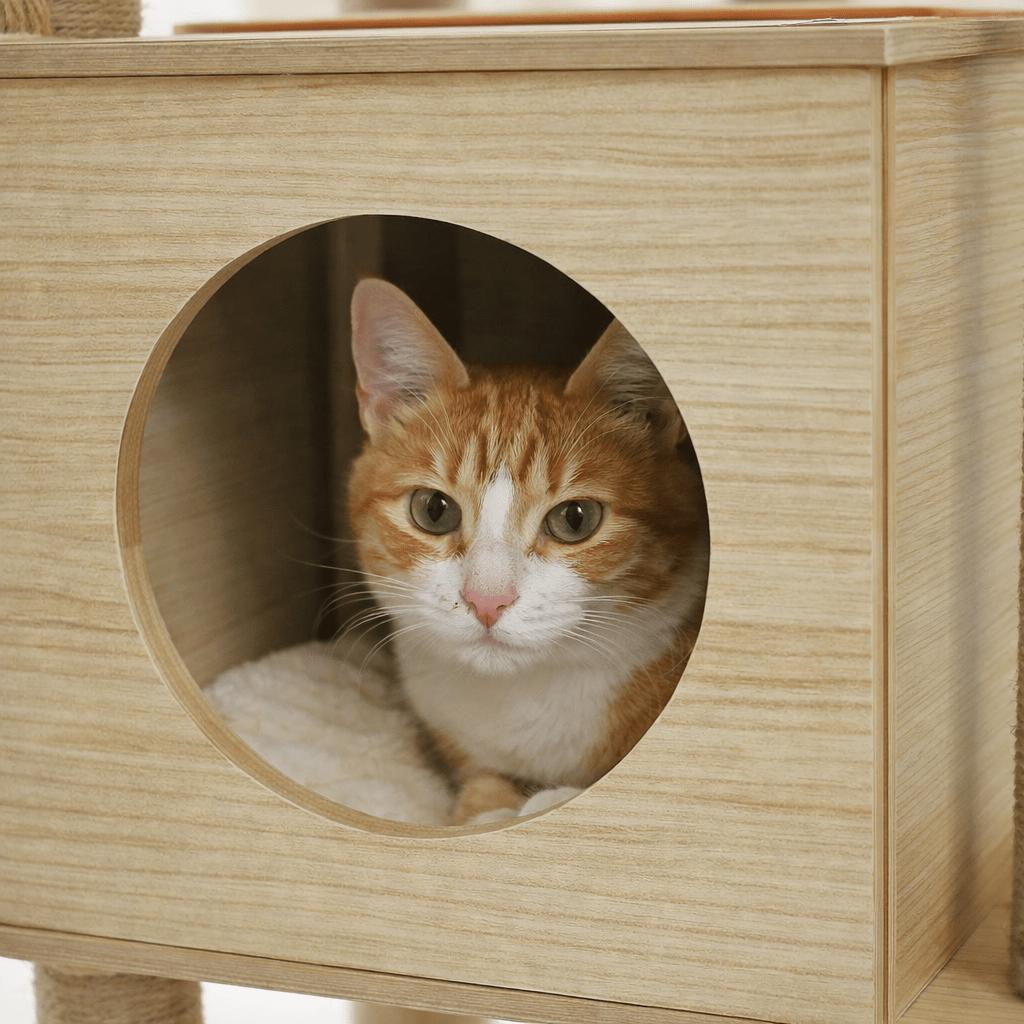 arbre a chat en bois niche fermée chat