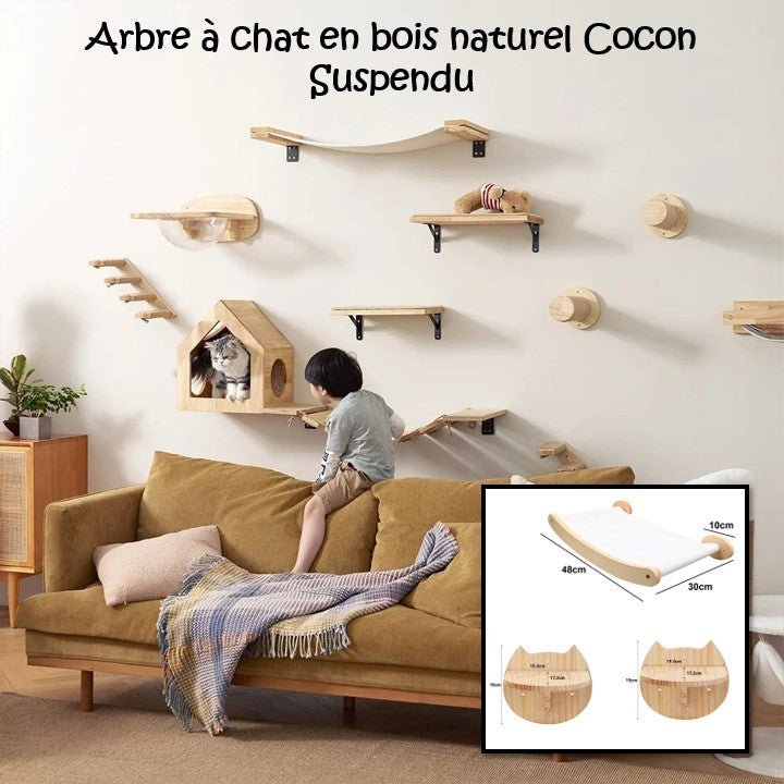 Arbre à chat en bois naturel - Cocon Suspendu - Passion Murale