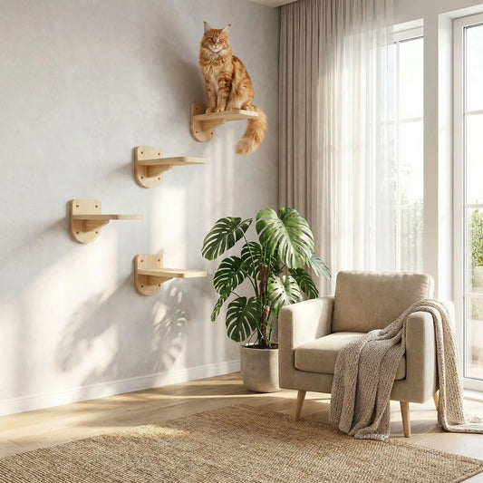 arbre à chat en bois design mural avec plateformes en bois naturel