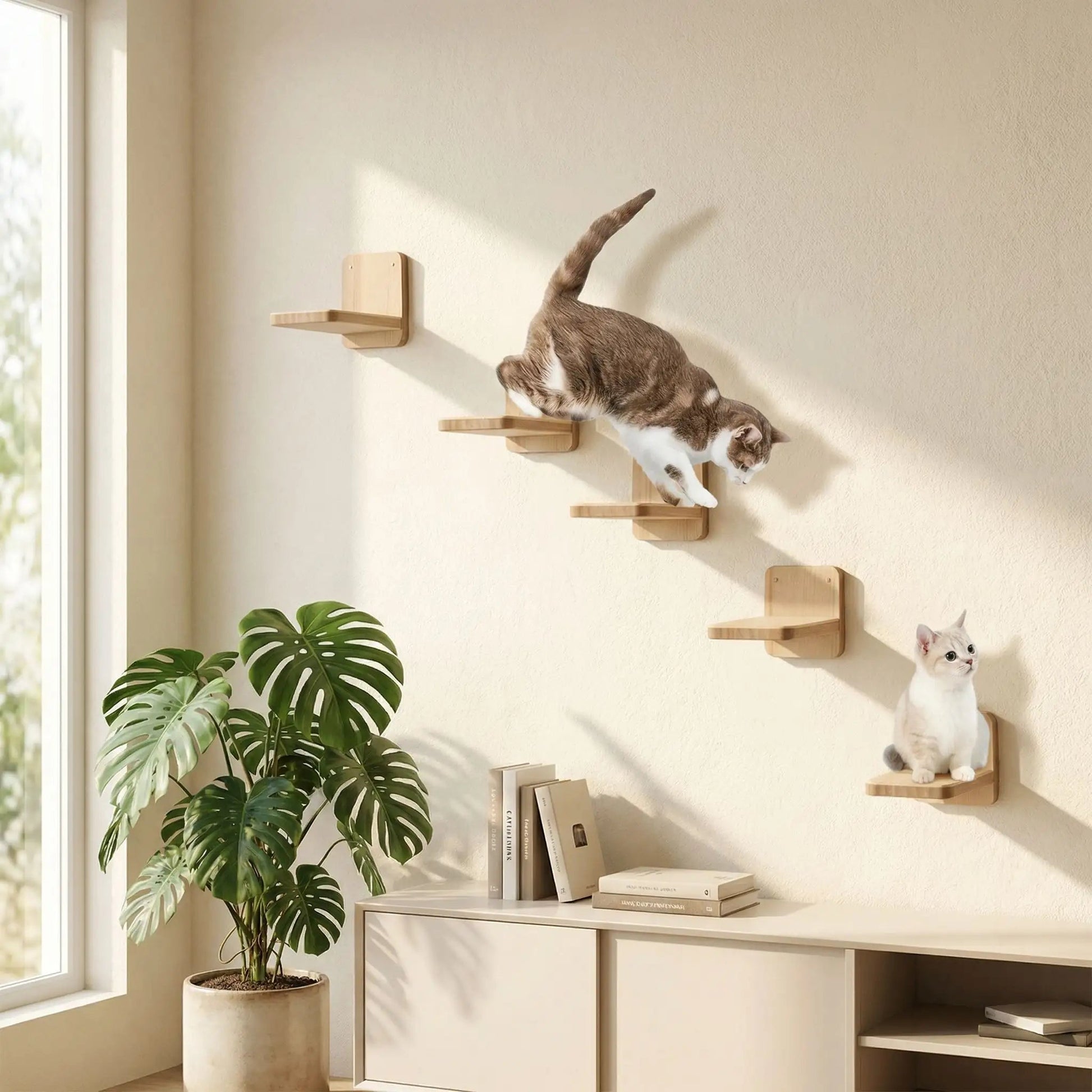 arbre à chat en bois mural avec marches et plateformes pour chat