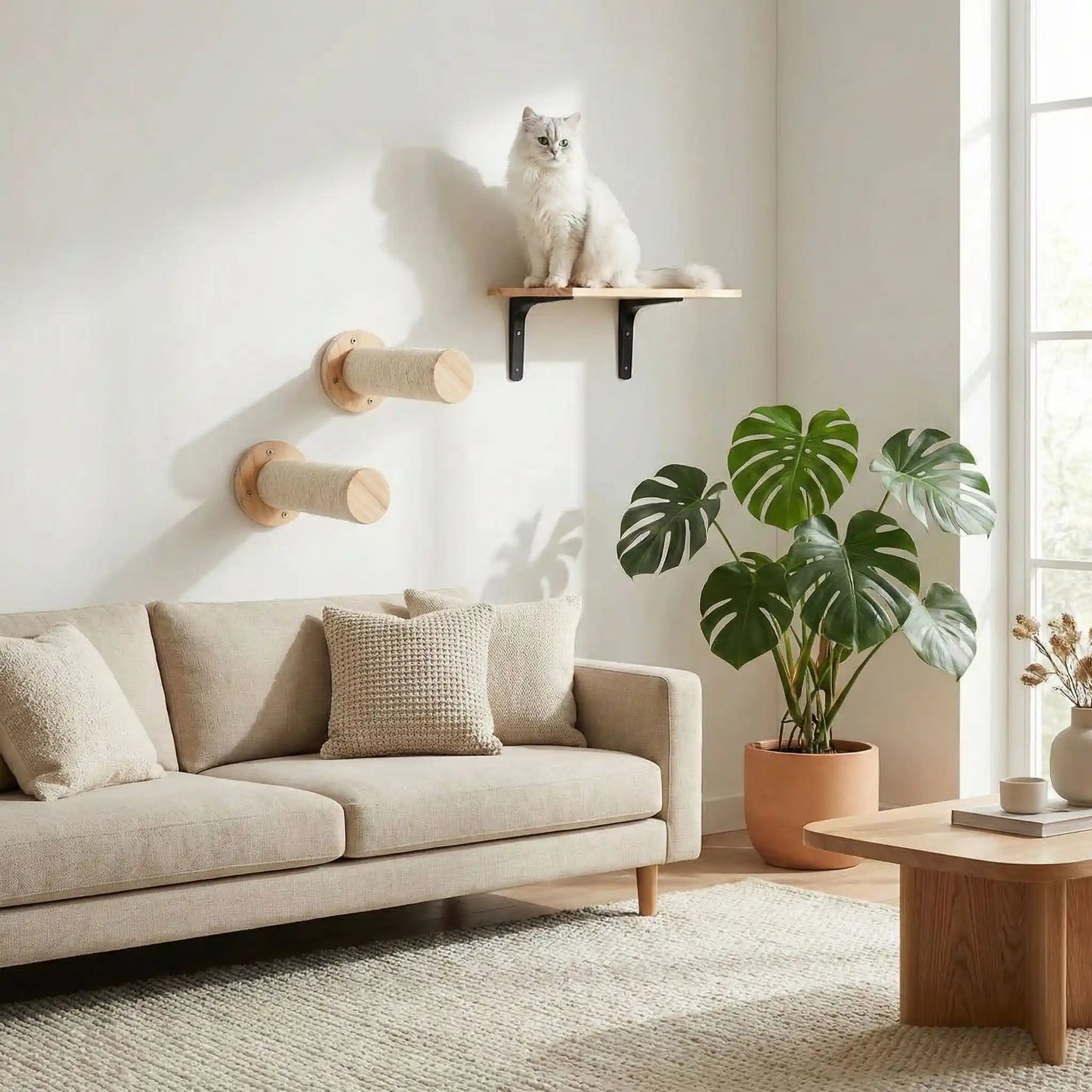 arbre a chat griffoir mural bois naturel chat blanc sur tablette salon beige