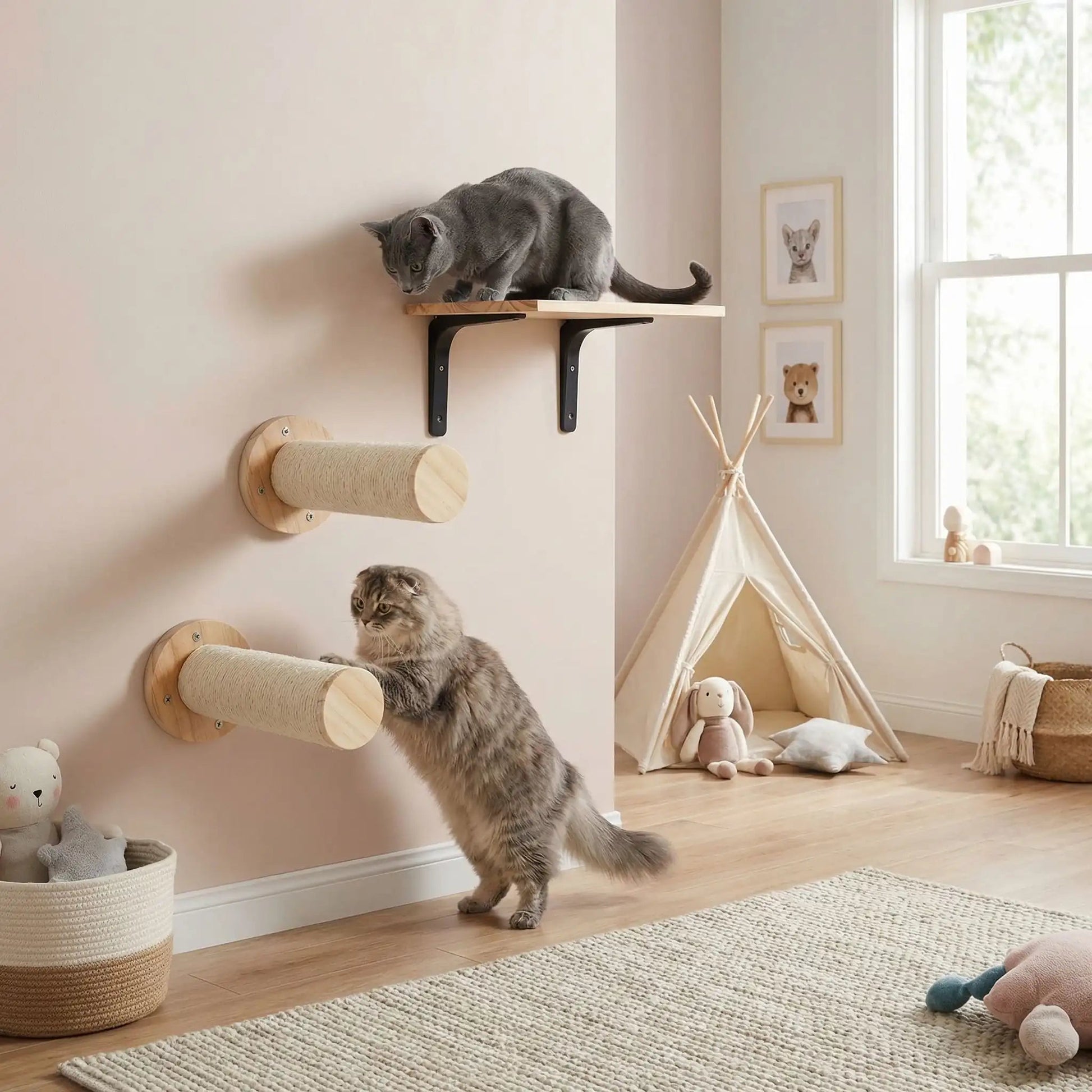 arbre a chat griffoir mural design bois naturel intégration chambre