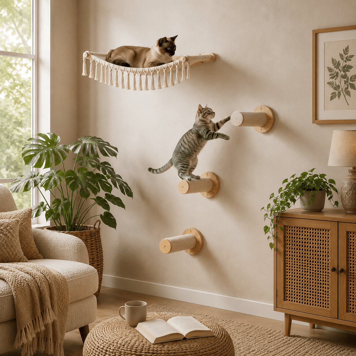 Parcours mural pour chat avec hamac en hauteur et marches en sisal