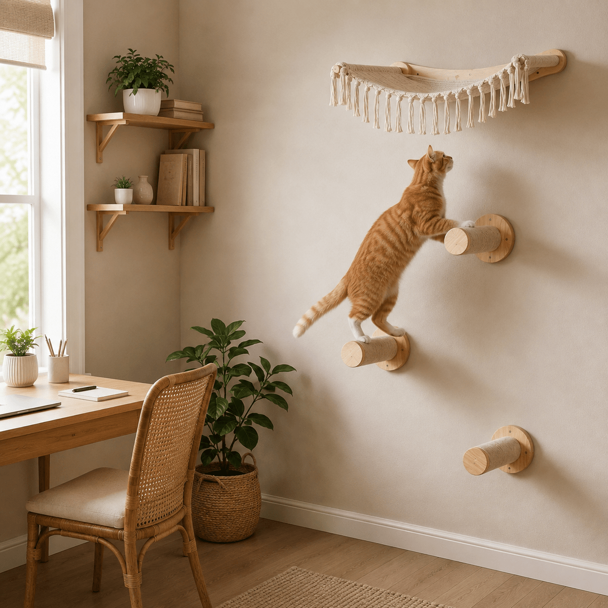 Chat grimpant sur des marches murales en sisal vers son hamac