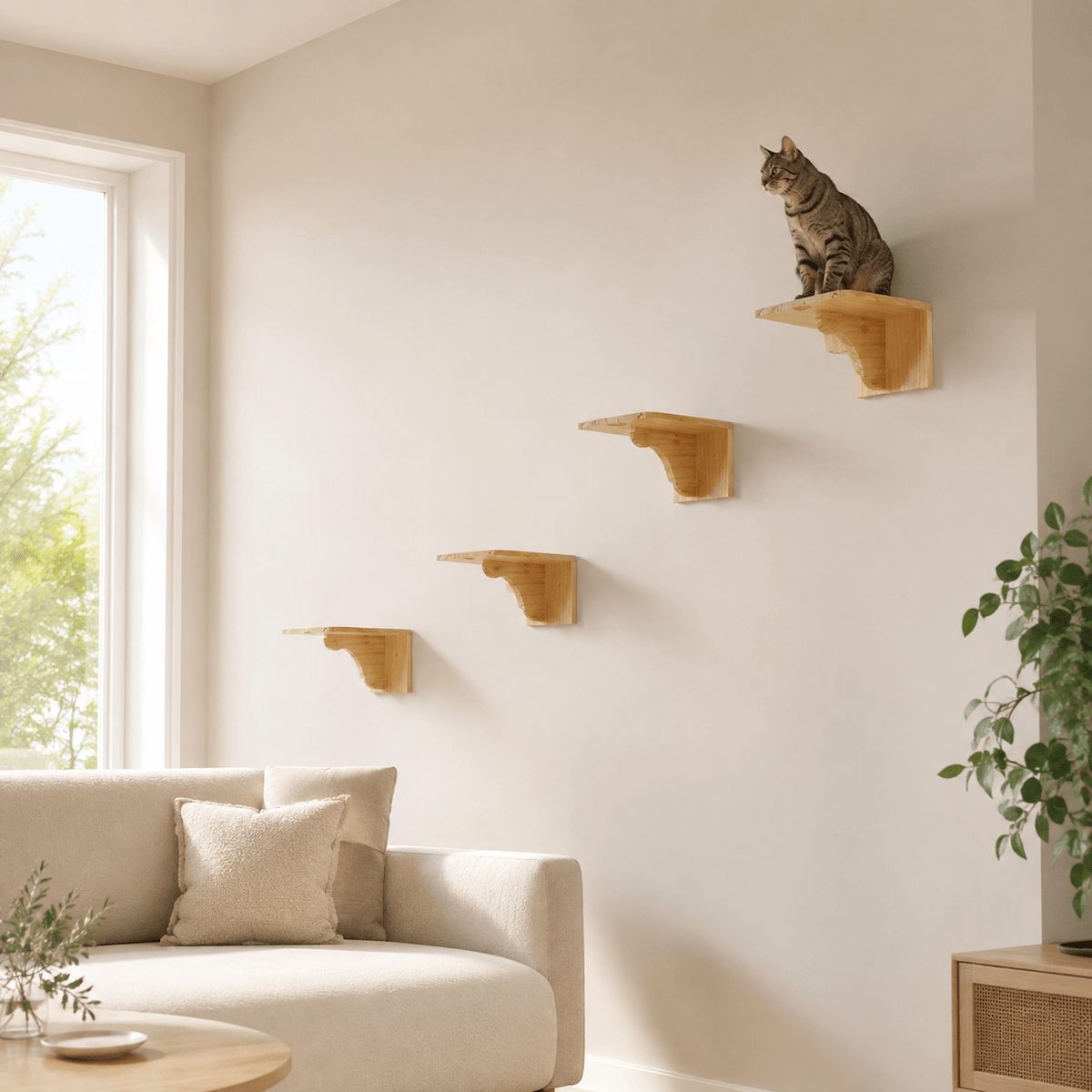 Arbre à chat mural bois avec 4 perchoirs installés en escalier dans un salon beige