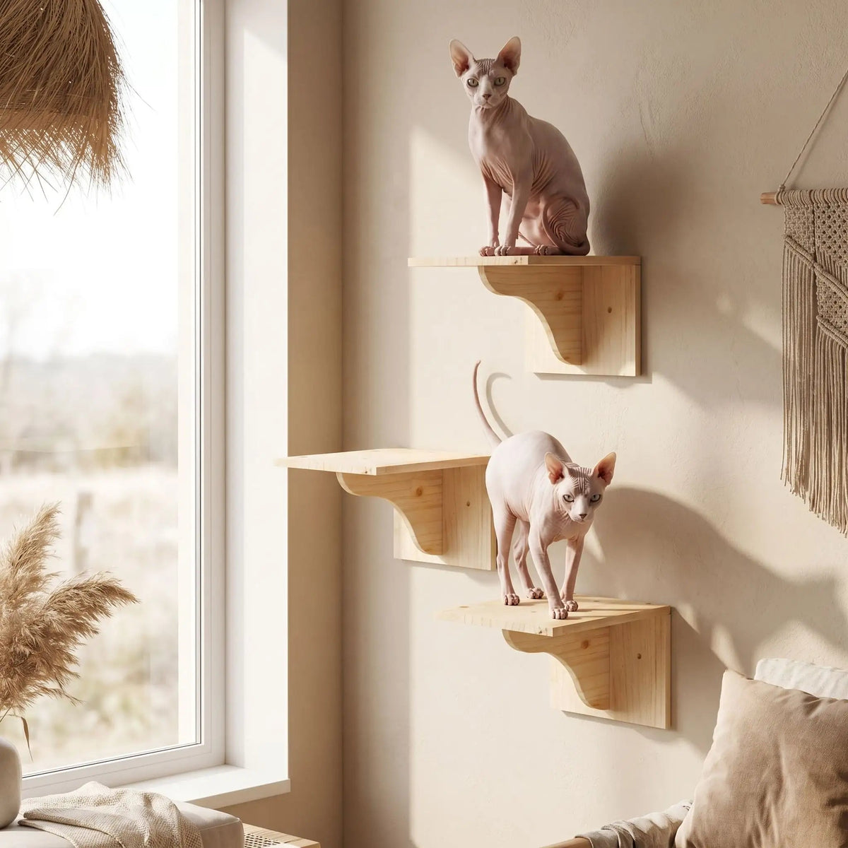 Arbre à chat mural bois avec 4 perchoirs installé près d’un lit dans une chambre beige