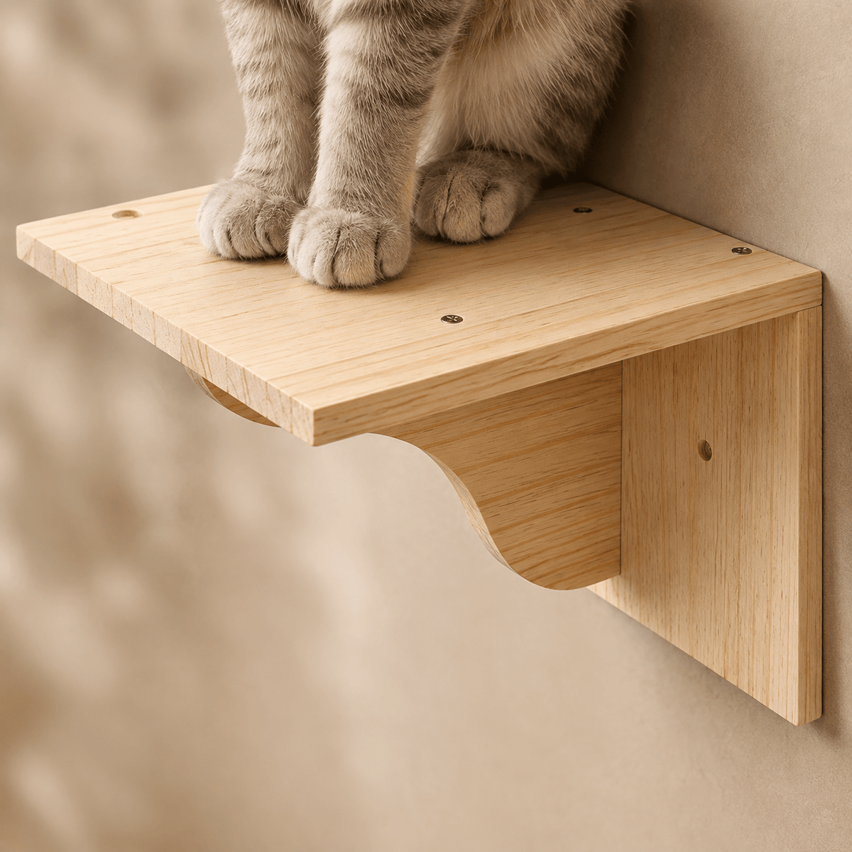 Gros plan sur un perchoir mural pour chat en bois massif avec les pattes du chat