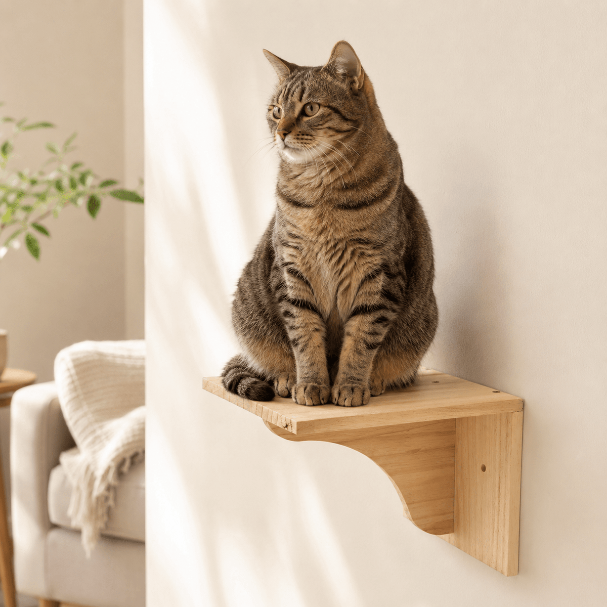 Chat assis sur un perchoir mural en bois massif fixé au mur