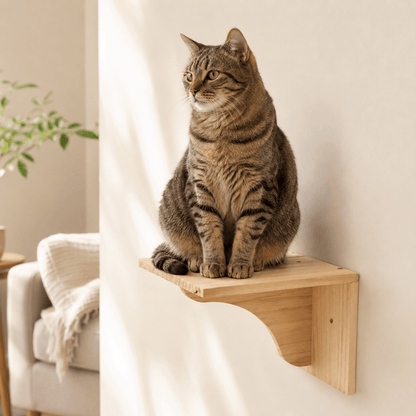 Chat assis sur un perchoir mural en bois massif fixé au mur