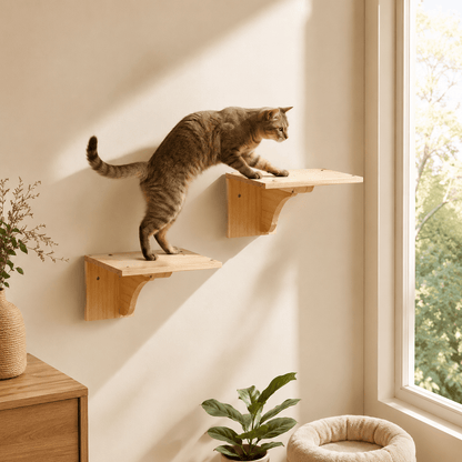 Chat qui grimpe sur des perchoirs muraux en bois près d’une fenêtre