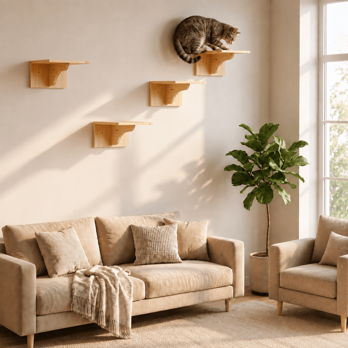 Chat installé sur un arbre à chat mural bois composé de 4 perchoirs dans un salon lumineux