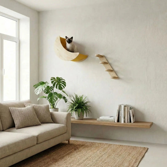 arbre à chat mural bois hamac lune salon beige
